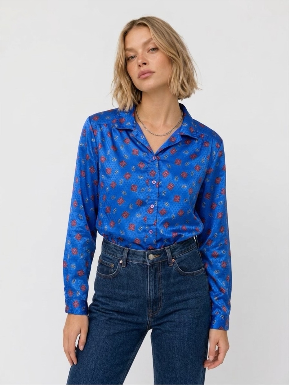 Vintage Blue Satin Long-Sleeve Button Front Top